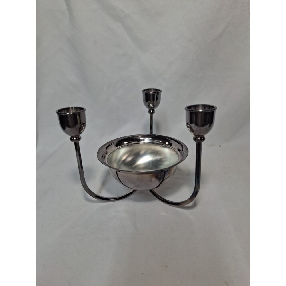 Vtg WA WILLIAM ADAMS Silverplate 3 Candlestick Holders Bowl ITALY,